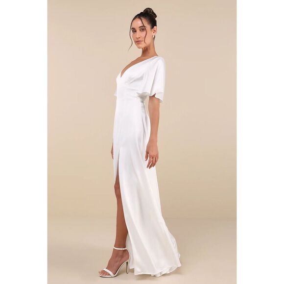 Lulus Elegant Confidence White Satin Flutter Sleeve Cutout Maxi Dress Size XL Ne - Picture 3 of 13